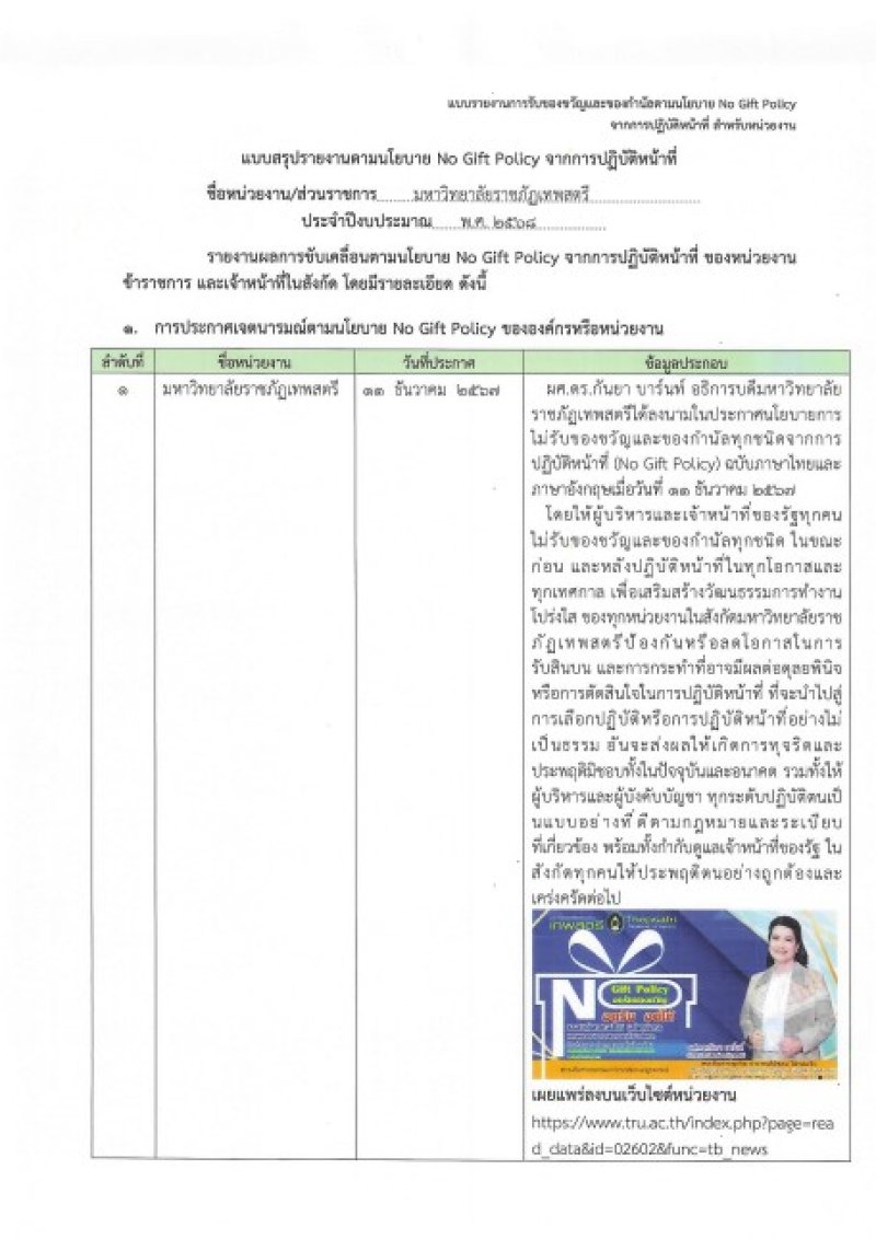 รายงานผลตามนโยบาย No Gift Policy ปีงบประมาณ 2568